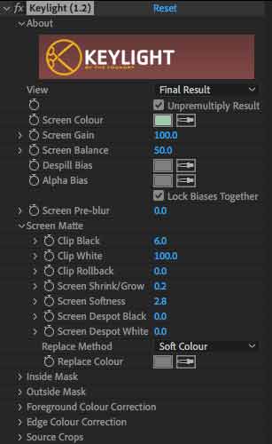 After Effects Keylight Menu